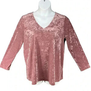 J Jill Women L Dusty Rose Pink Soft Crushed Velvet Top Shirred Back Shirt V Neck